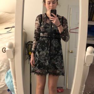 Blue/black/pink lace midthigh dress w/velvet seams